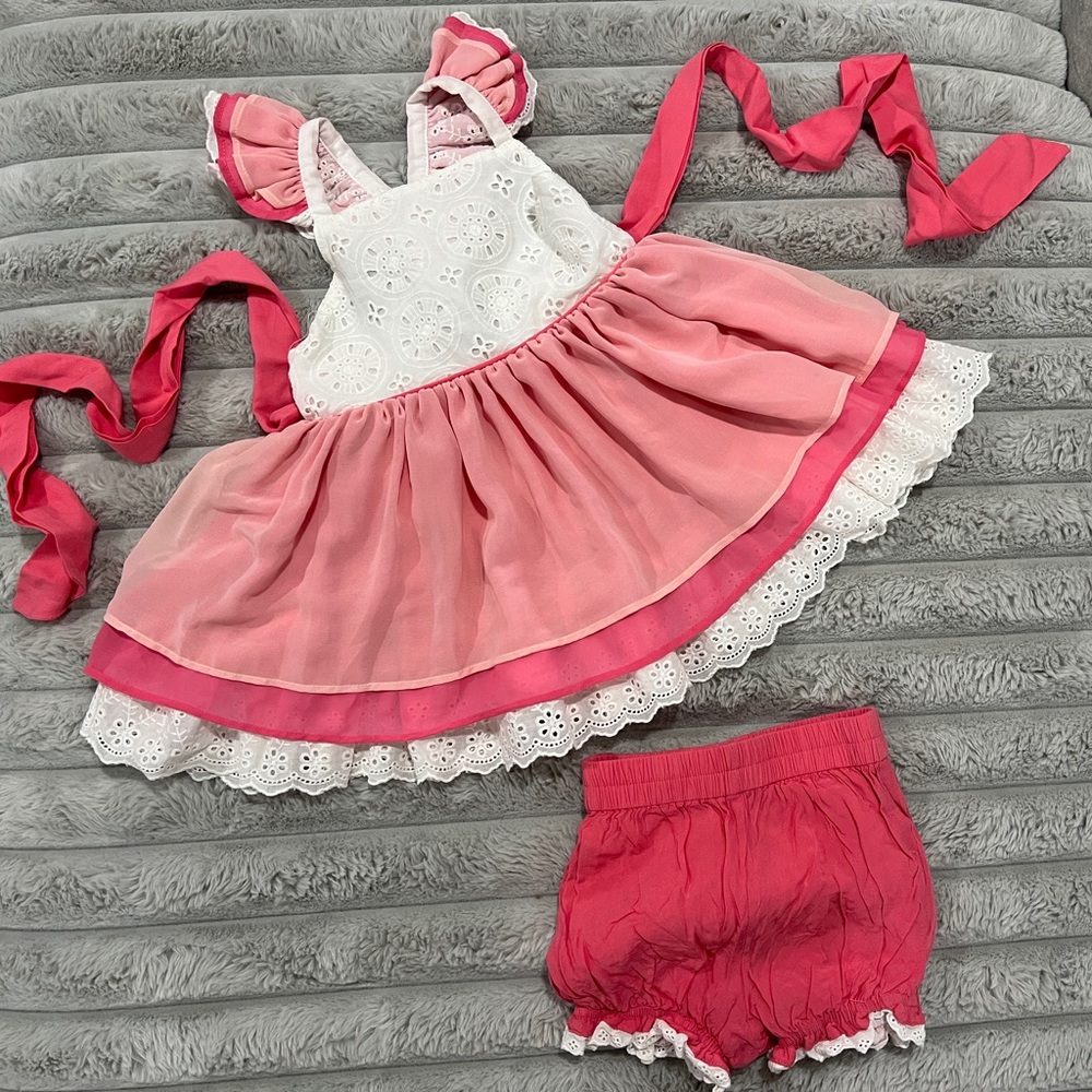 3T NWT
Love and Grow Seaside Princess Pink and White Eyelet Dress with Bloomers